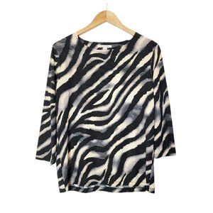 JM Collection Blouse Black Cream Long Sleeve Stretchy Bleach Dye Zebra Stripe